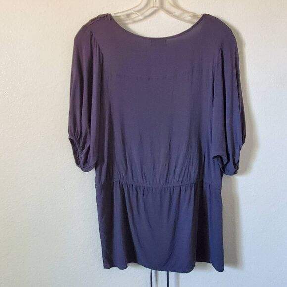 Poetry Peasant Blouse Women's L Gray Blue Short Sleeve Crochet Lace Rayon Boho - Picture 4 of 10